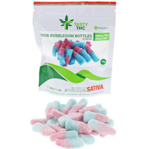 tasty thc fizzy gubble gum bottles package and candy in front