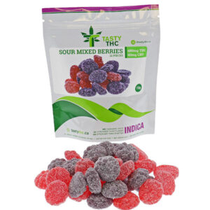 tasty thc sour mixed berries package and candy in front