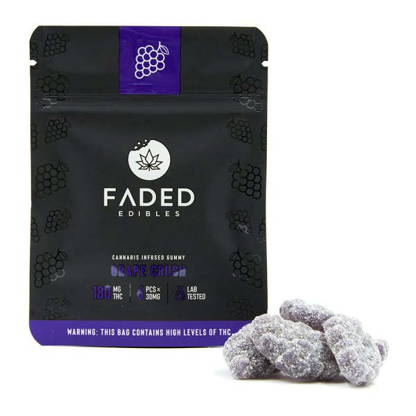 faded edibles grape crush gummies package with candy in front