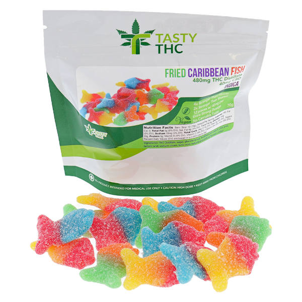 tasty thc caribbean fish package with candy in front