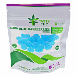 tasty thc sour blue raspberries package with candy in front