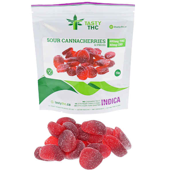 tasty thc sour cherry slices package with candy in front