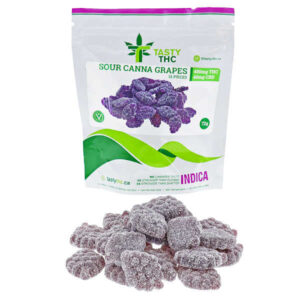 tasty thc sour grapes package with candy in front