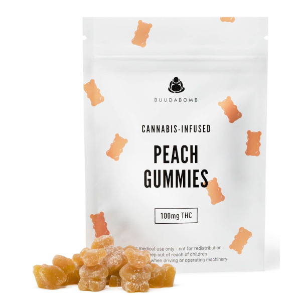 buudabomb peach gummies with 100mg THC package
