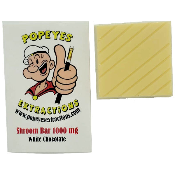 popeyes extractions 1000 mg shroom bar in white chocolate package and product