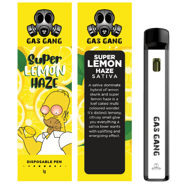 gas gang super lemon haze vape pen and packaging